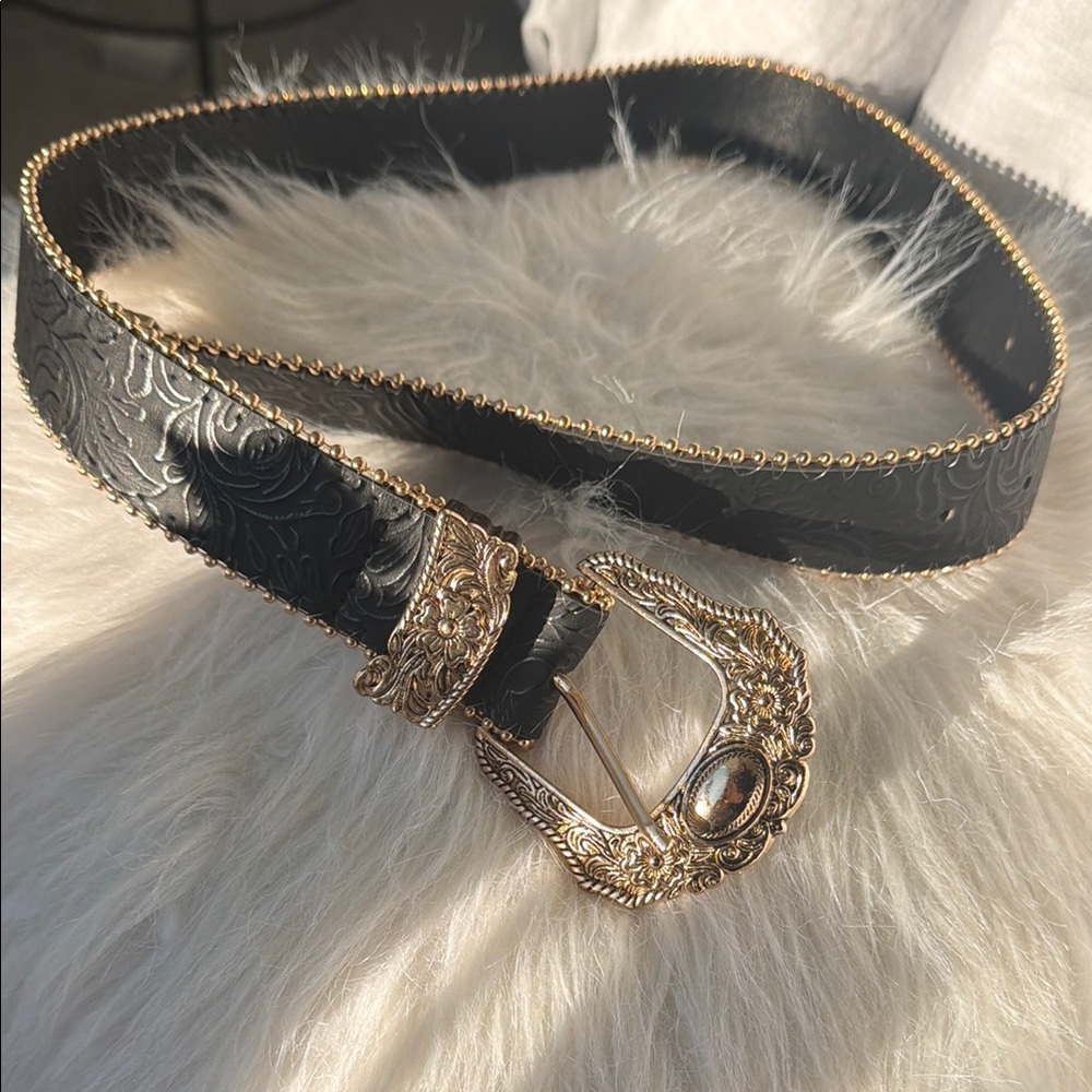 Black Embossed Western Leather Belt with Ornate Gold Buckle - Women Accessories